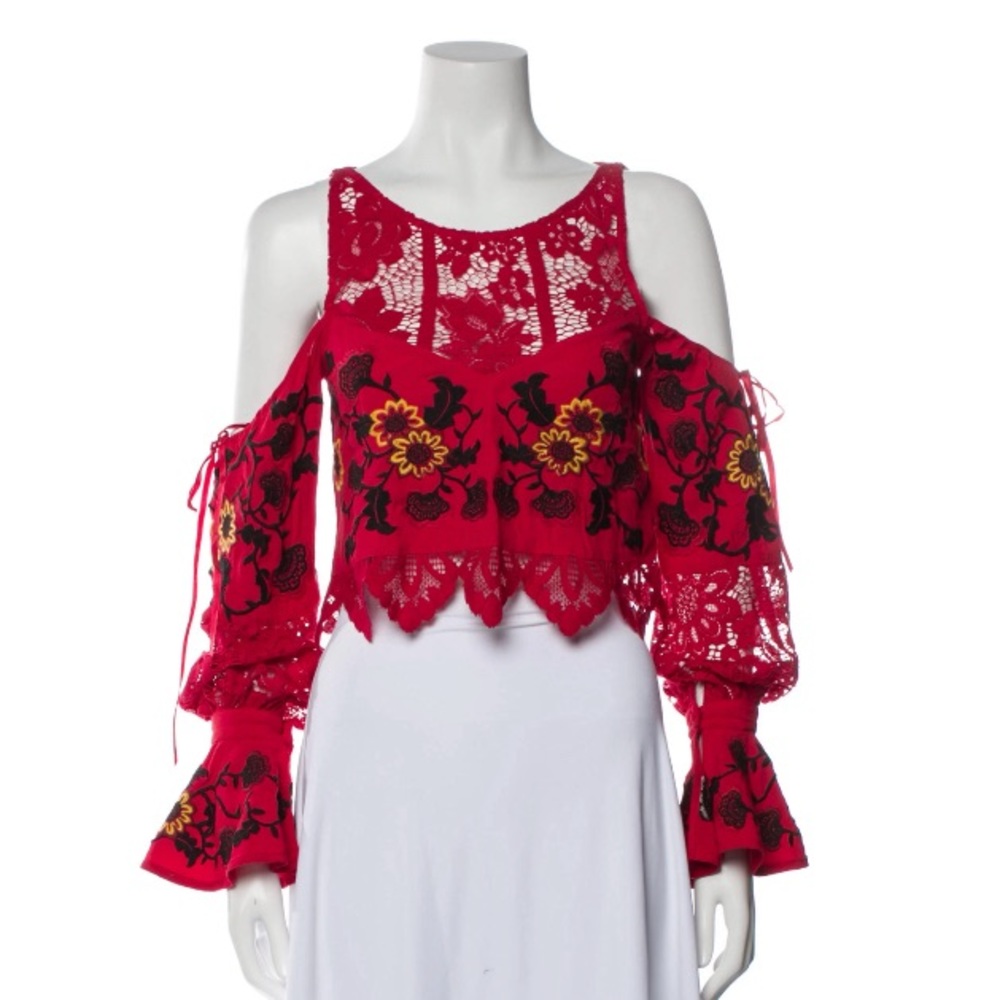 For Love and Lemons open shoulder red top with embroidery. Size large